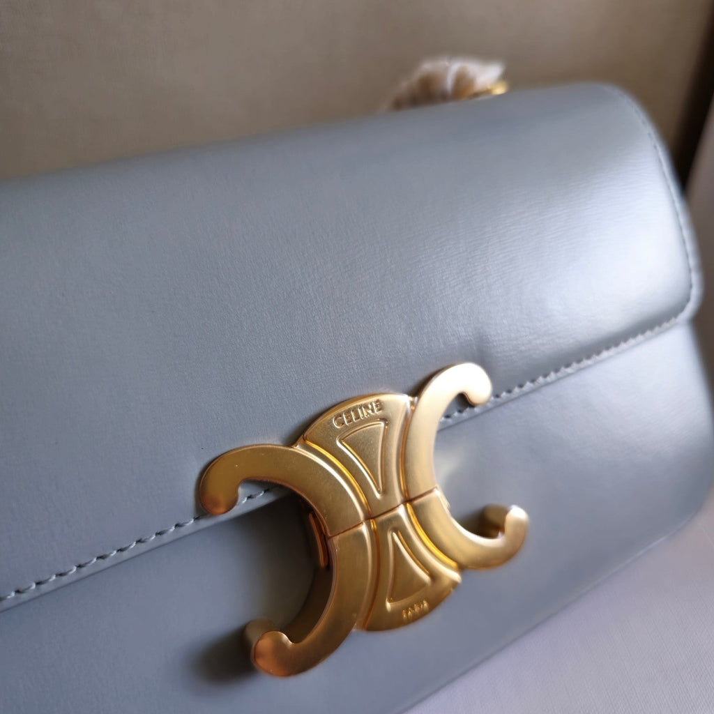 CELINE CHAIN EMBOSSED ARMPIT BAG 20 IN COOL GRAY BLUE CALFSKIN