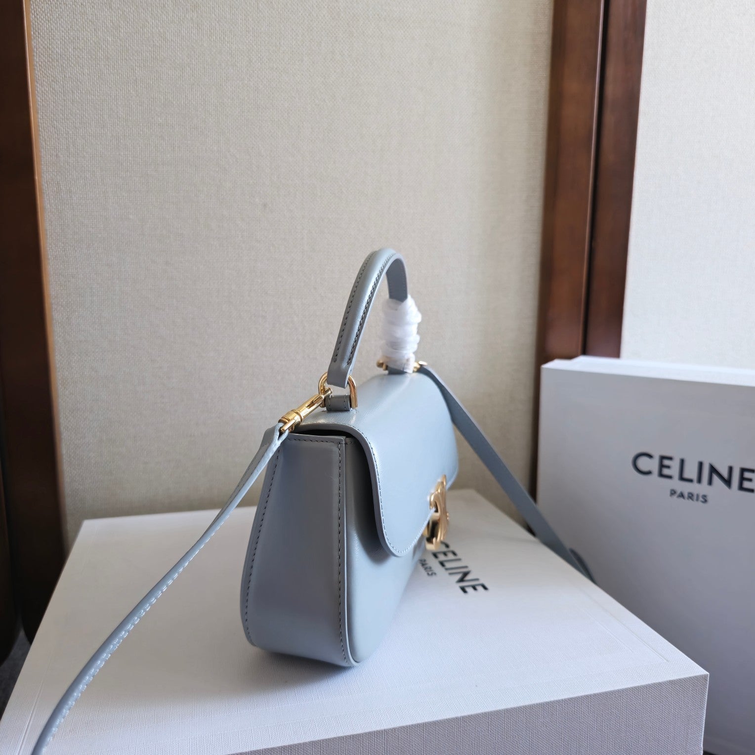 CELINE TEEN LOLA TRIOMPHE BAG 20 IN COOL GRAY BLUE CALFSKIN