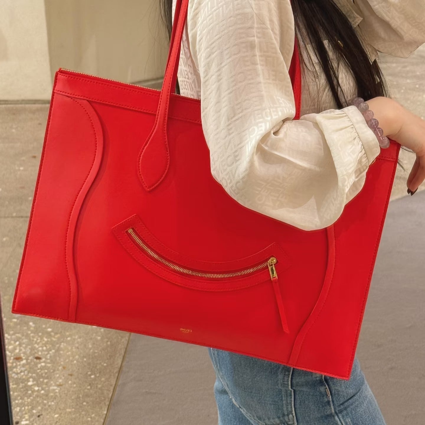 CELINE 25S FLAT CABAS NEW LUGGAGE 44MM IN RED GLOSSY CALFSKIN