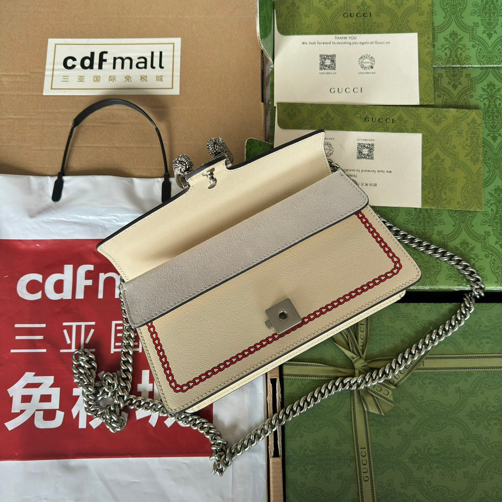 GUCCI DYONYSUS SMALL SHOULDER BAG 25 IN BEIGE MIX RED CALFSKIN DRAGON LOGO PRINT