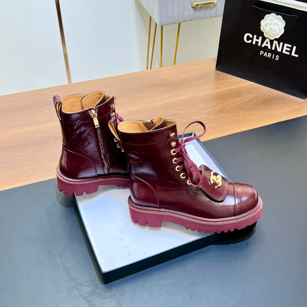 CHANEL 25S HIGH ANKLE BOOTS WITH ZIPPER IN BURGUNDY BROWN CALFSKIN GOLD HARDWARE
