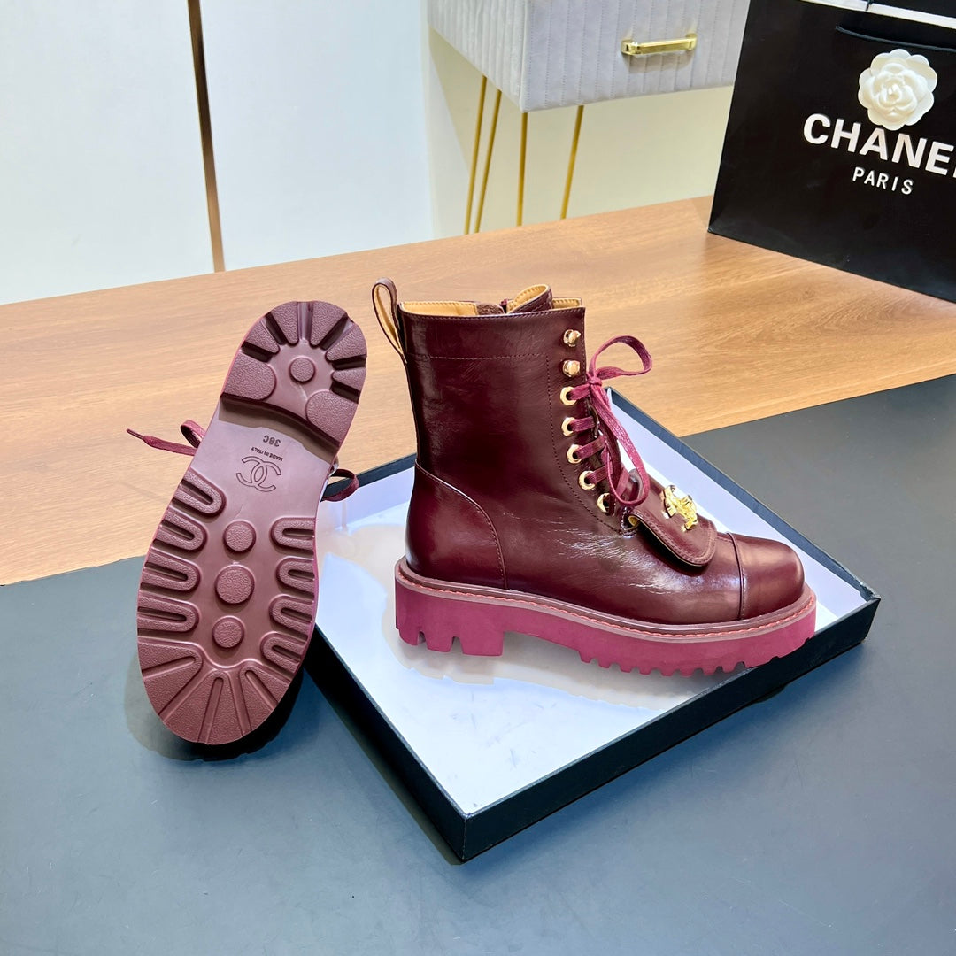 CHANEL 25S HIGH ANKLE BOOTS WITH ZIPPER IN BURGUNDY BROWN CALFSKIN GOLD HARDWARE