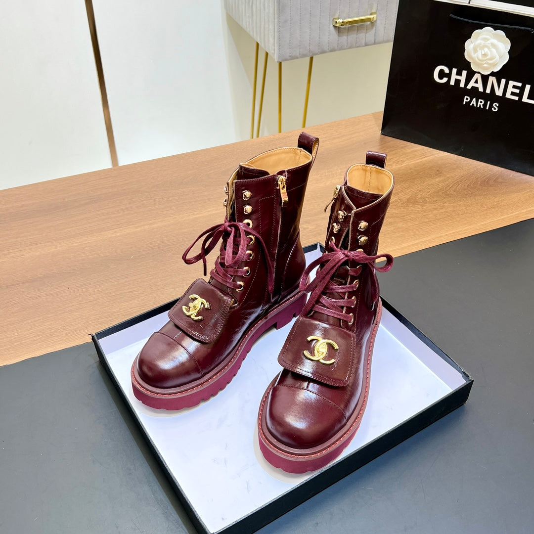 CHANEL 25S HIGH ANKLE BOOTS WITH ZIPPER IN BURGUNDY BROWN CALFSKIN GOLD HARDWARE