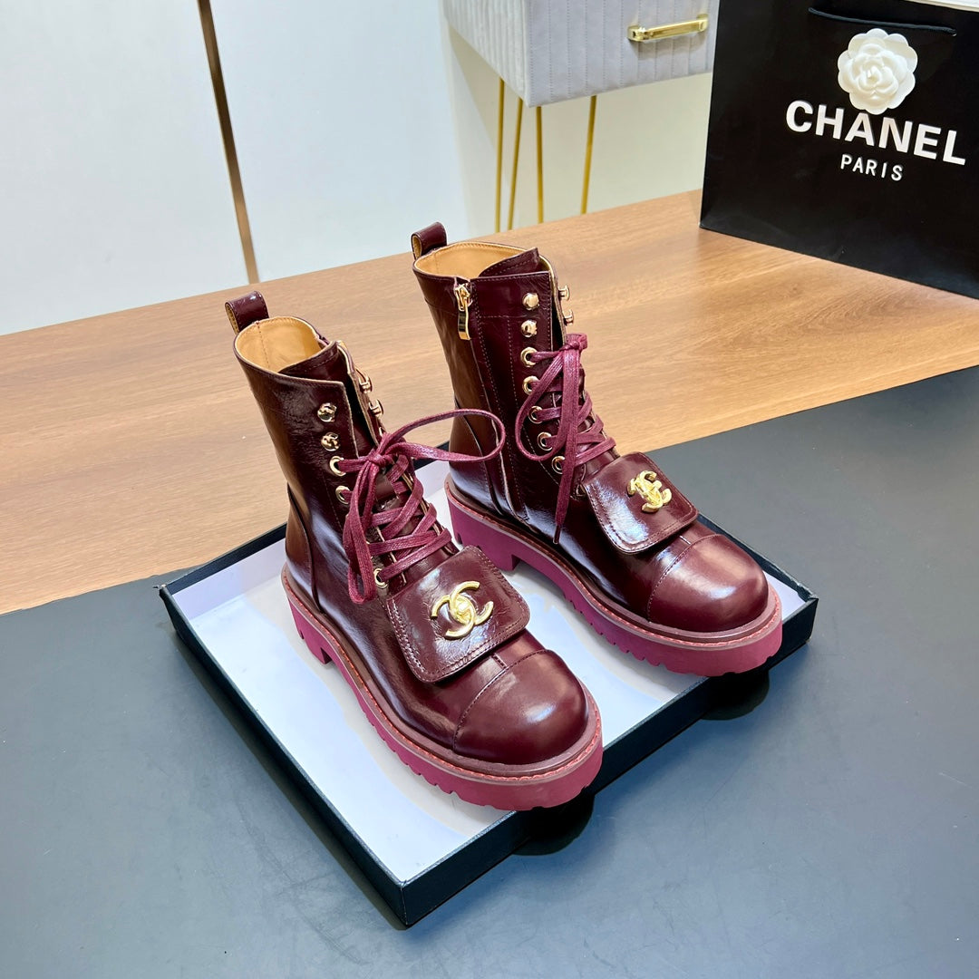CHANEL 25S HIGH ANKLE BOOTS WITH ZIPPER IN BURGUNDY BROWN CALFSKIN GOLD HARDWARE