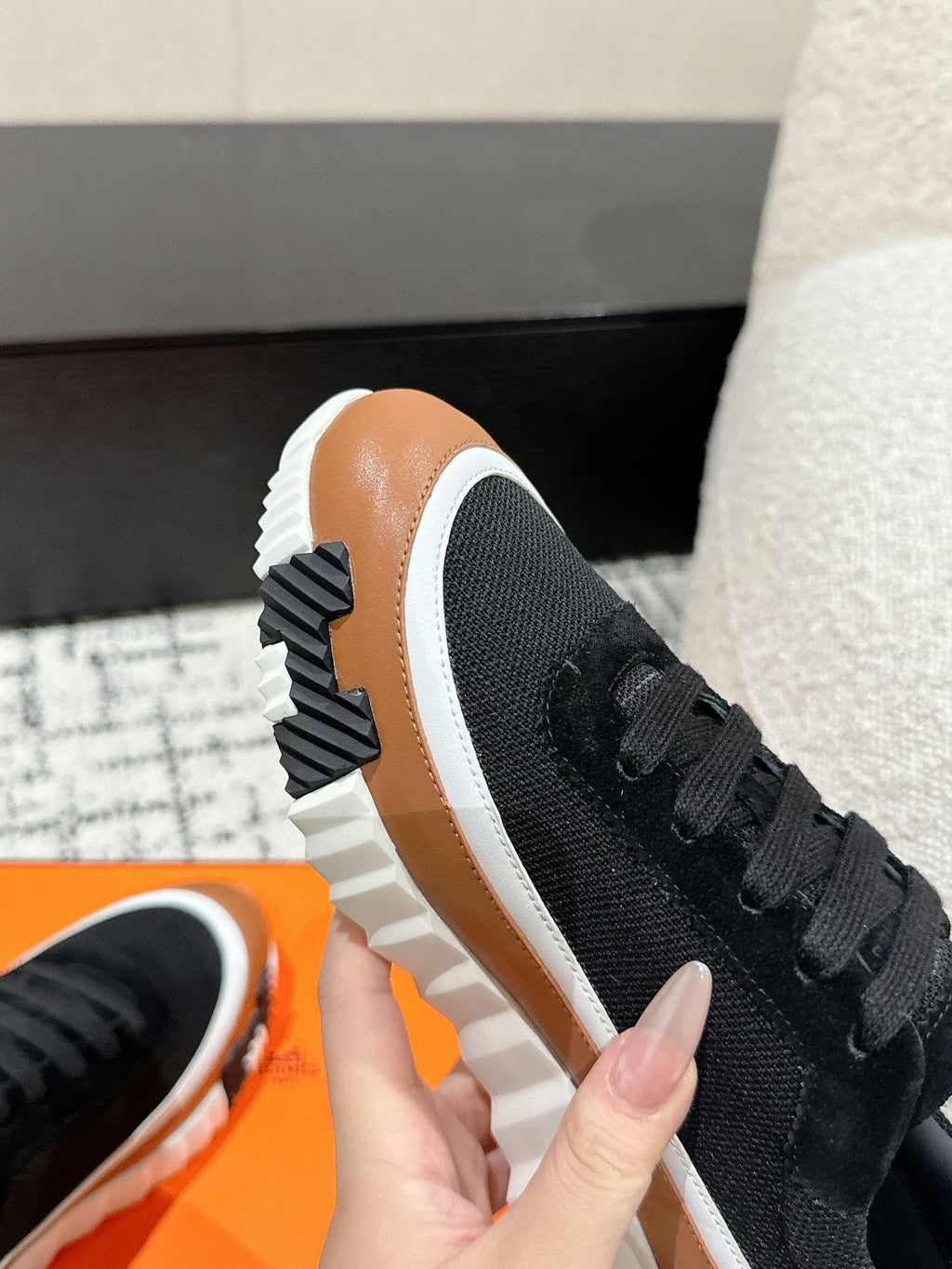 HERMES BOUNCING SNEAKER IN BRONZE BROWN CALFSKIN AND BLACK FABRIC