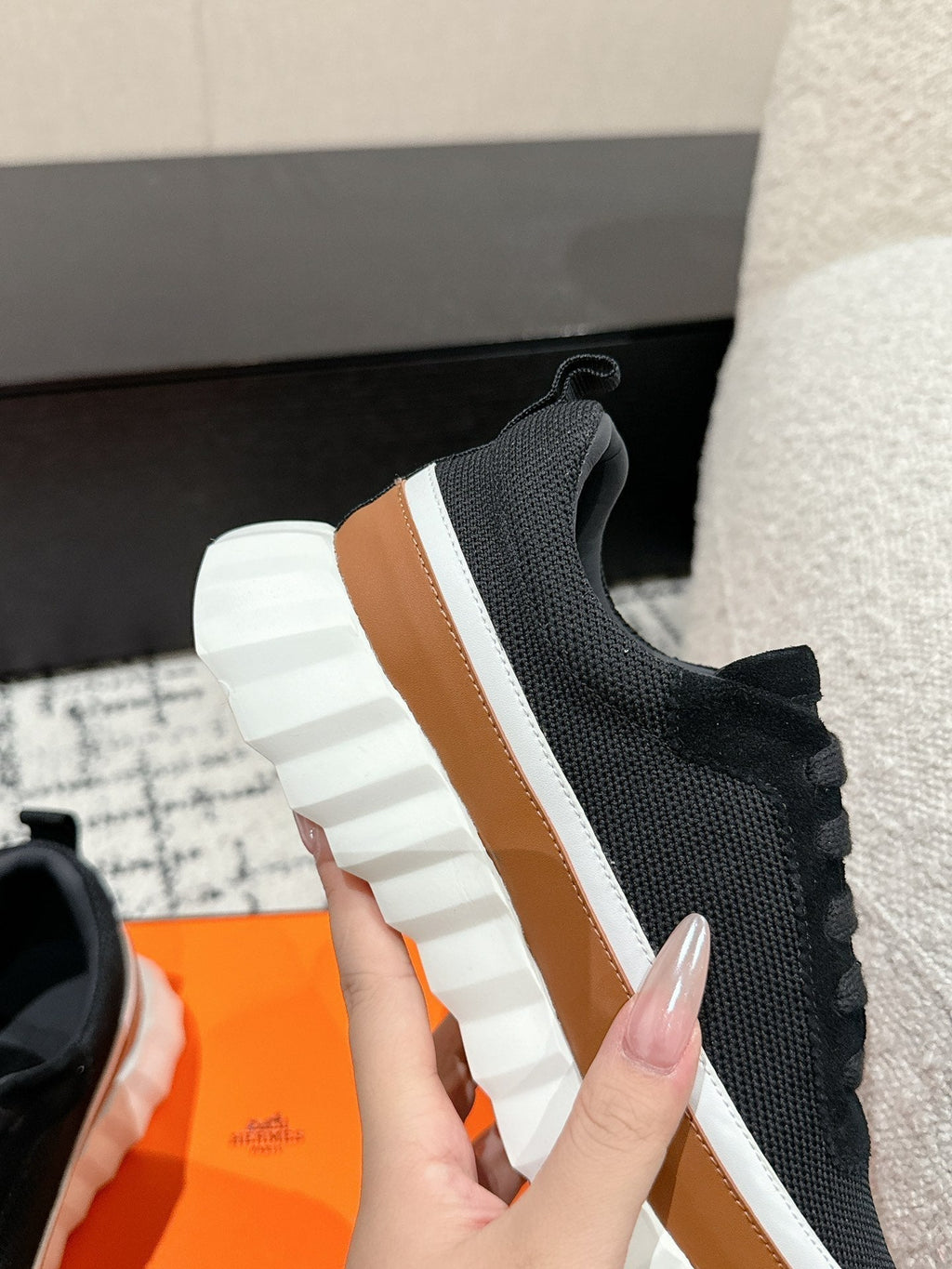 HERMES BOUNCING SNEAKER IN BRONZE BROWN CALFSKIN AND BLACK FABRIC