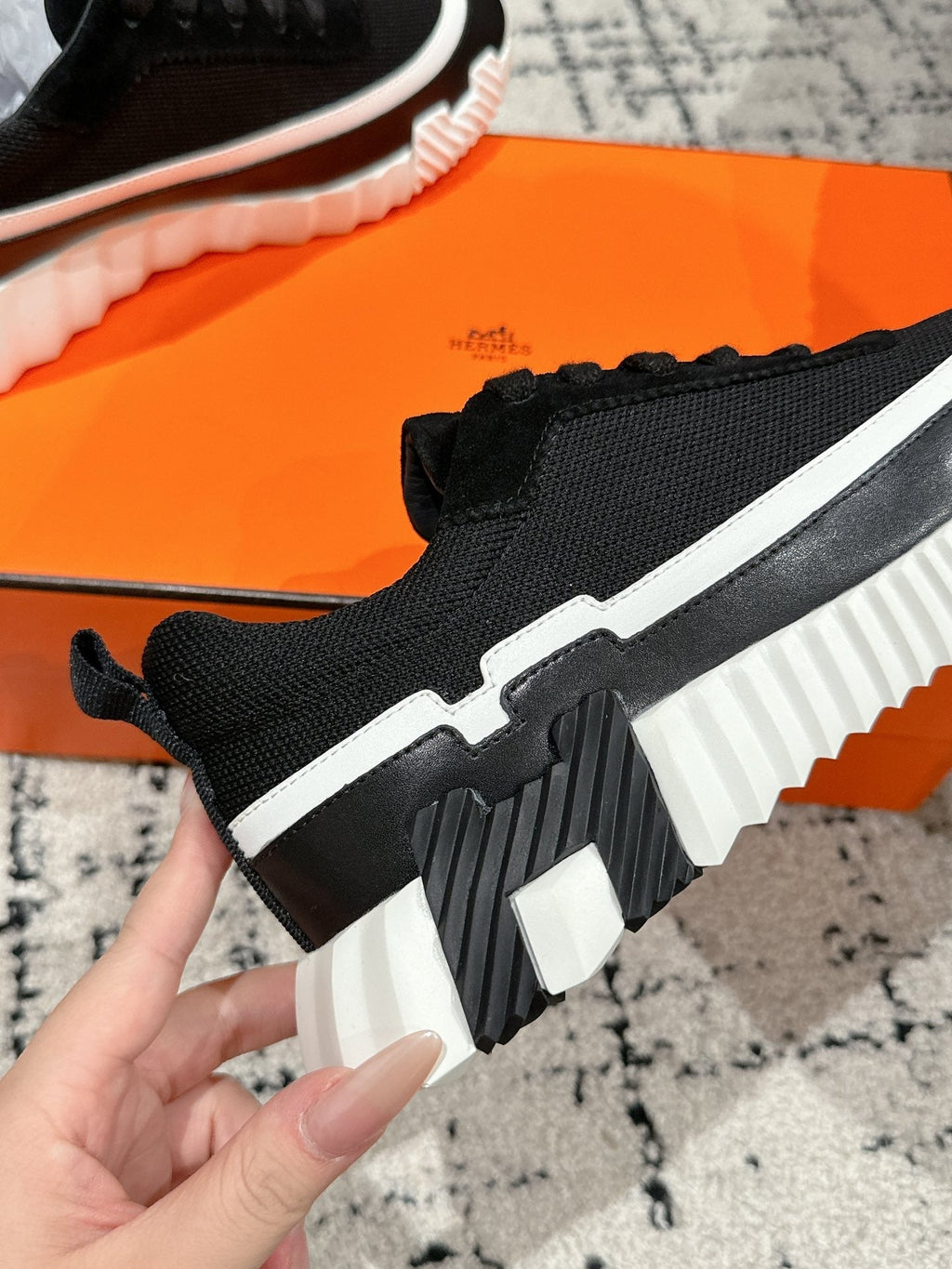 HERMES BOUNCING SNEAKER IN BLACK MIX WHITE CALFSKIN AND FABRIC