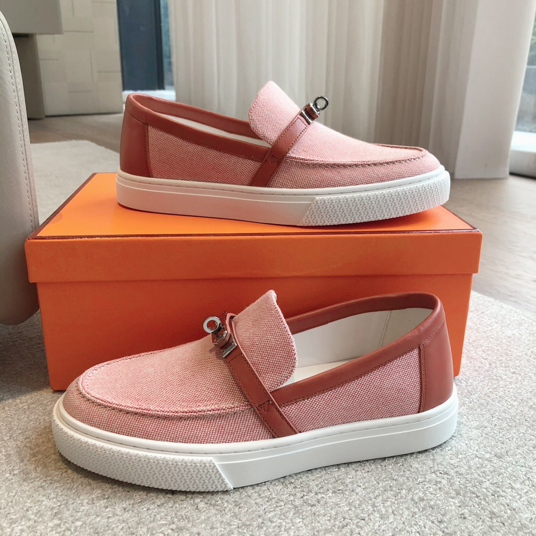 HERMES GAME SLIP-ON SNEAKER LIGHT PINK FABRIC AND CALFSKIN