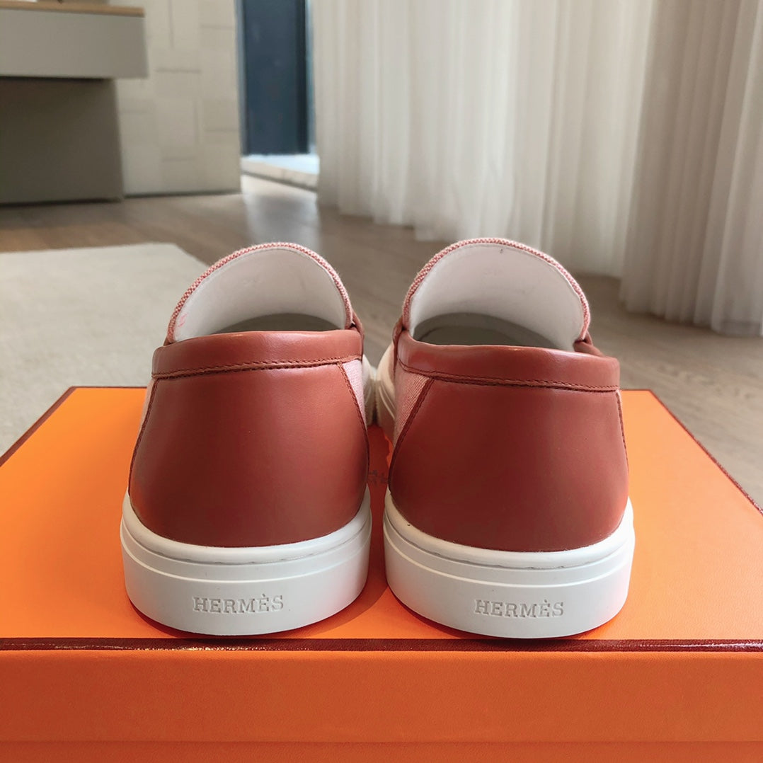 HERMES GAME SLIP-ON SNEAKER LIGHT PINK FABRIC AND CALFSKIN