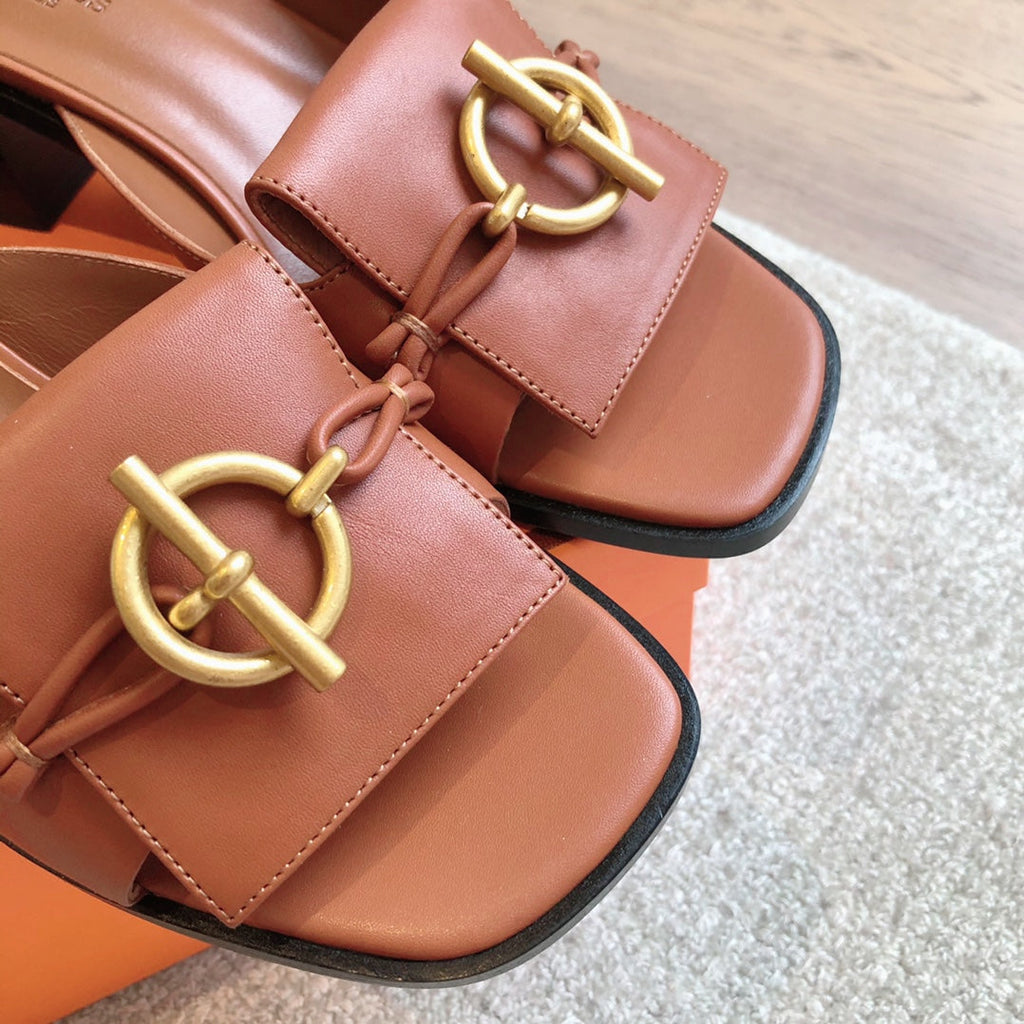 HERMES ILOT 45 SANDAL CARAMEL CALFSKIN