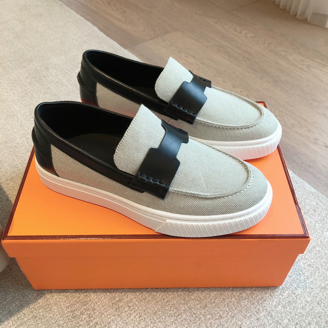 HERMES JOB LOAFER LIGHT GRAY MIX BLACK CALFSKIN