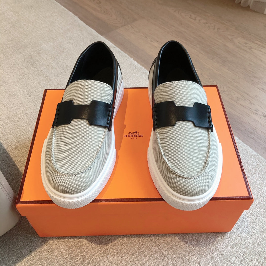 HERMES JOB LOAFER LIGHT GRAY MIX BLACK CALFSKIN