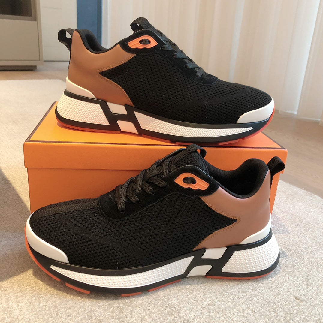 HERMES HEROS SNEAKER IN BLACK BREATHABLE MESH FABRIC AND BRONZE BROWN CALFSKIN