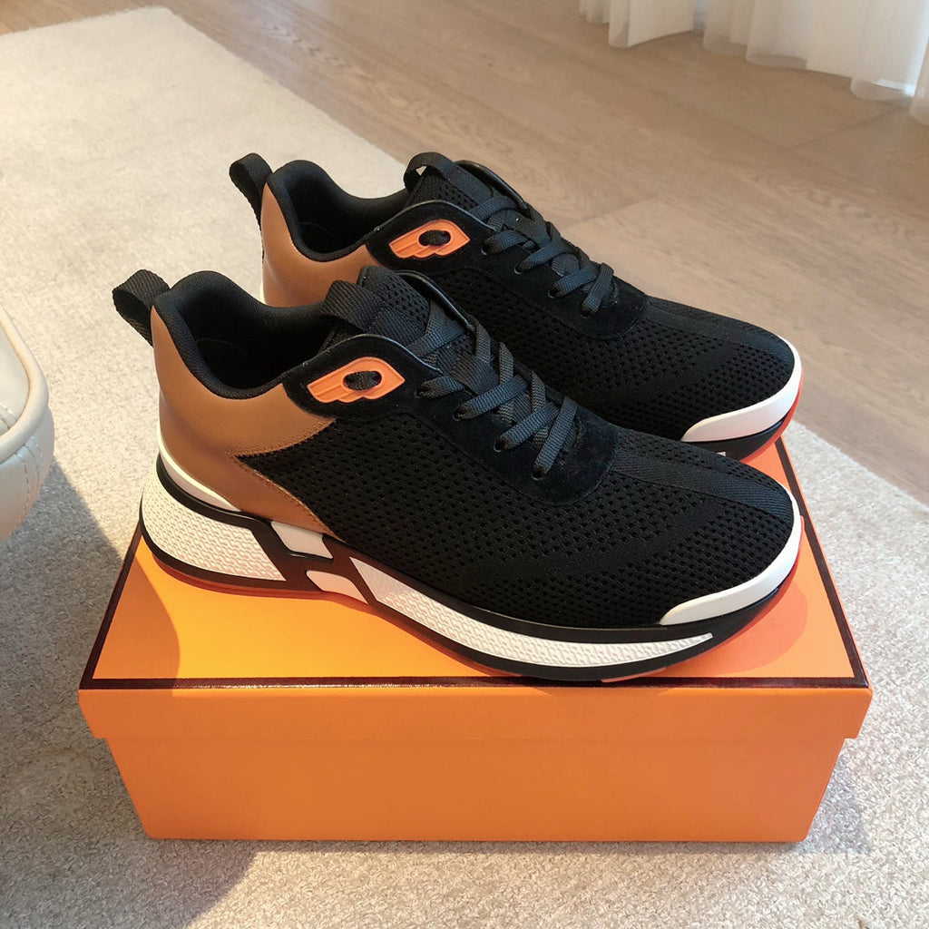 HERMES HEROS SNEAKER IN BLACK BREATHABLE MESH FABRIC AND BRONZE BROWN CALFSKIN