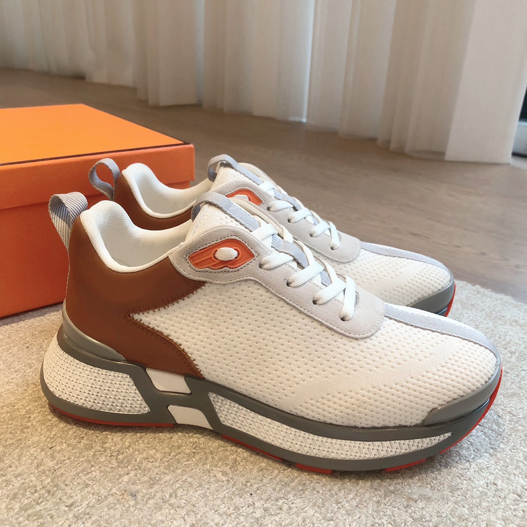 HERMES HEROS SNEAKER IN WHITE BREATHABLE MESH FABRIC AND BROWN CALFSKIN