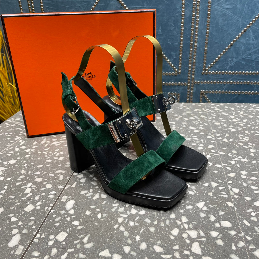 HERMES ILONA SANDAL 95 DARK GREEN SUEDE