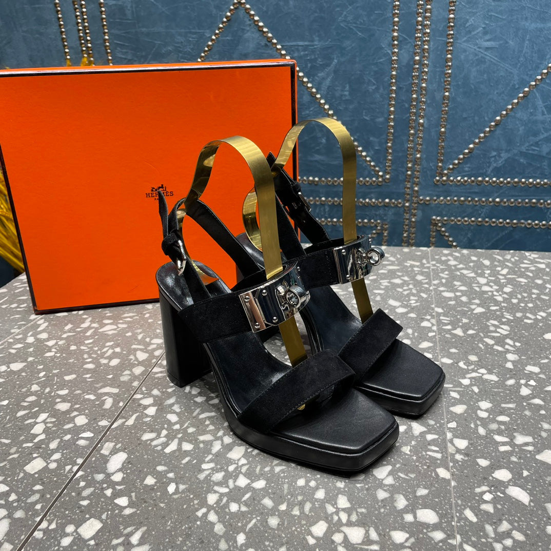 HERMES ILONA SANDAL 95 BLACK SUEDE