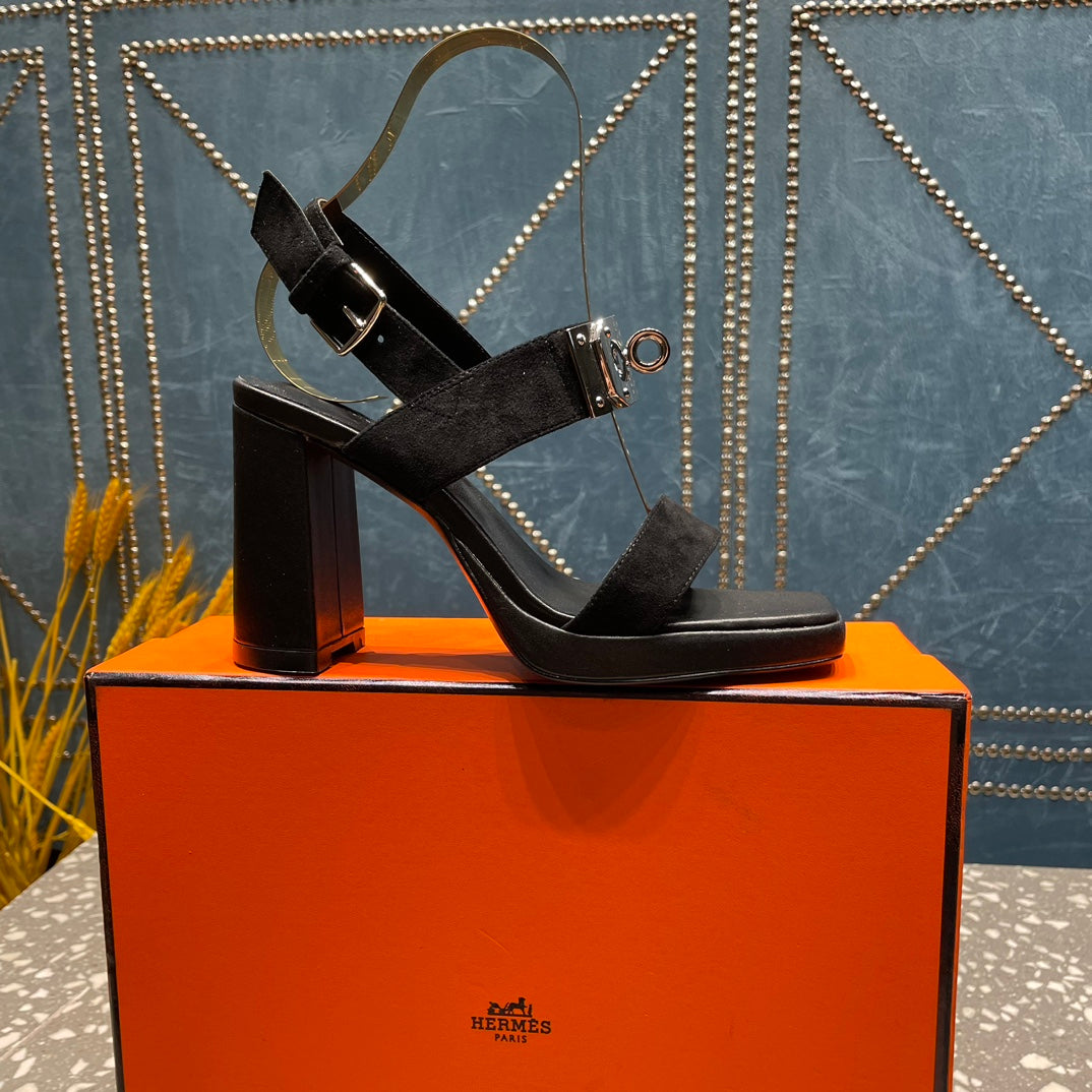 HERMES ILONA SANDAL 95 BLACK SUEDE