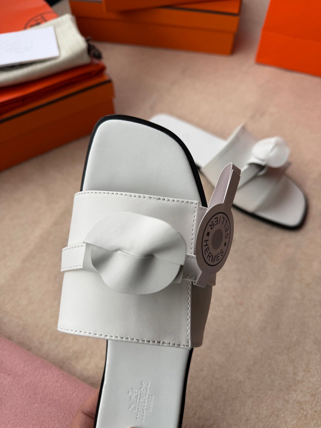 HERMES 0RAN SANDALS IN WHITE CALFSKIN
