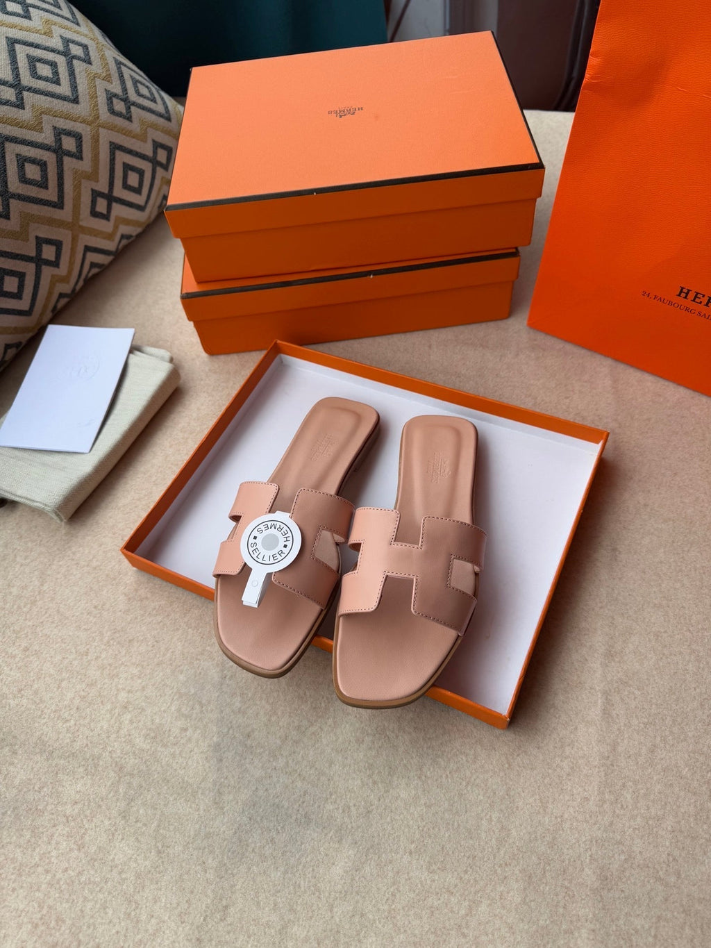 HERMES 0RAN SANDALS IN PEACH PINK CALFSKIN