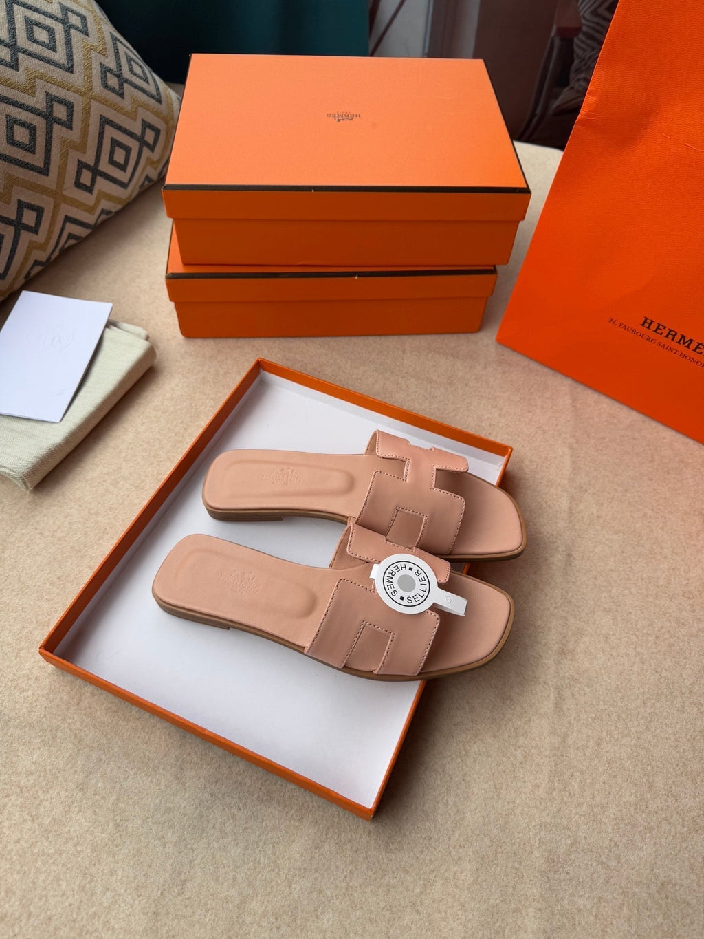 HERMES 0RAN SANDALS IN PEACH PINK CALFSKIN