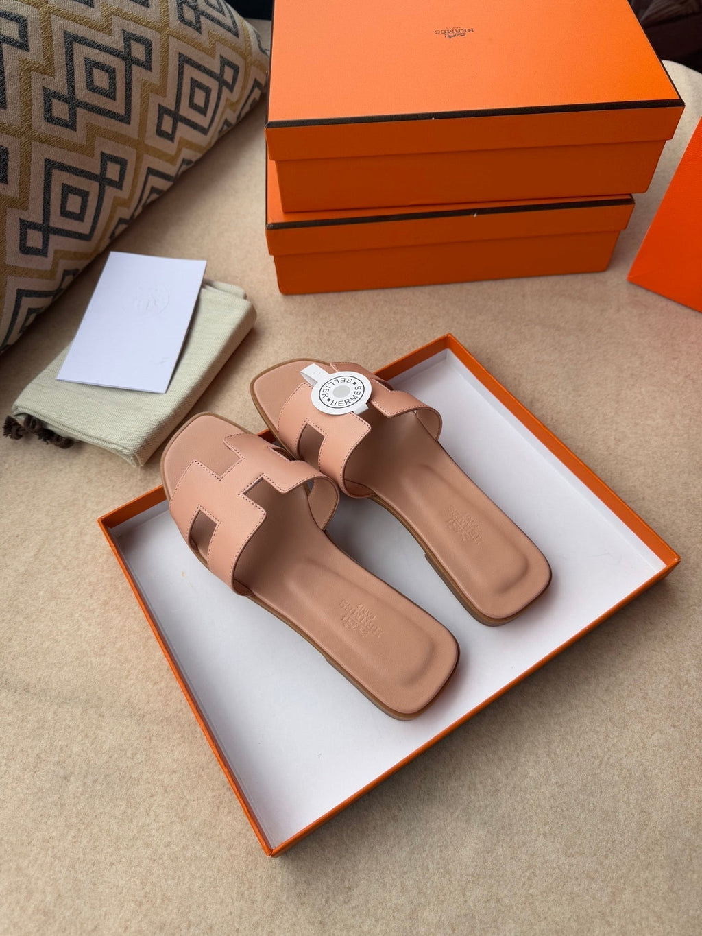HERMES 0RAN SANDALS IN PEACH PINK CALFSKIN