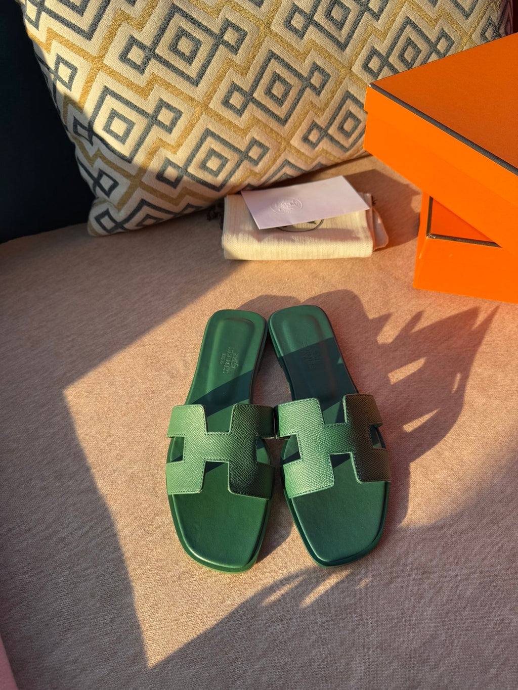 HERMES 0RAN SANDALS IN HUNTER GREEN CALFSKIN