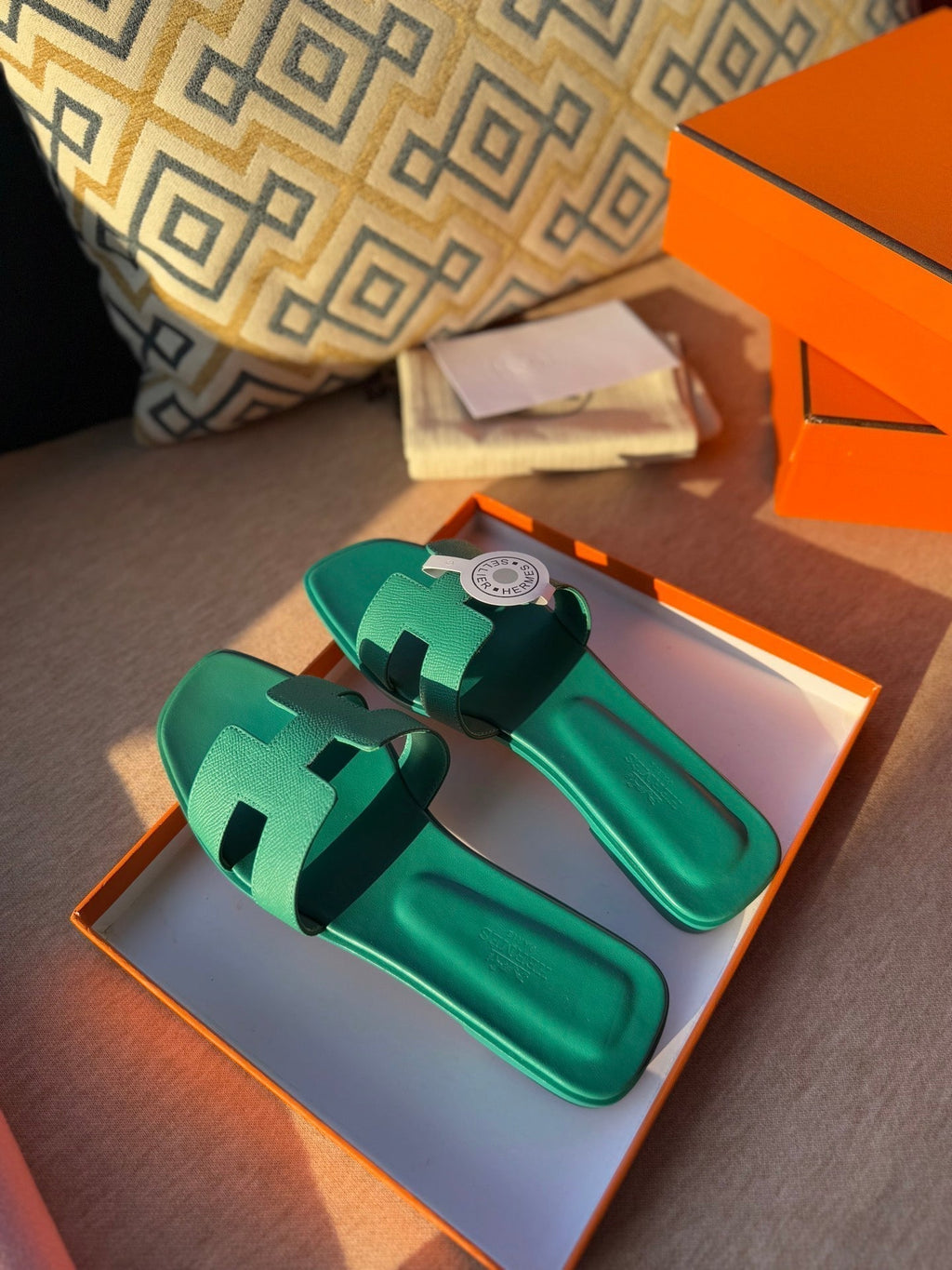 HERMES 0RAN SANDALS IN PERSIAN GREEN CALFSKIN