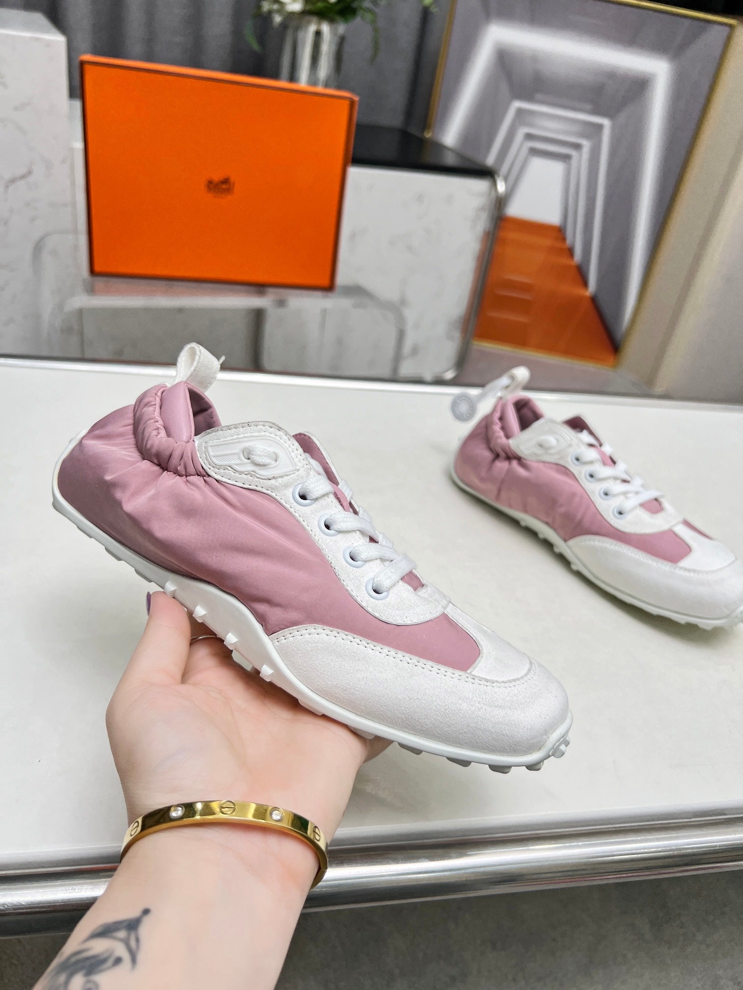 HERMES SKATEBOARD SHOES LIGHT PINK MIX WHITE SUEDE