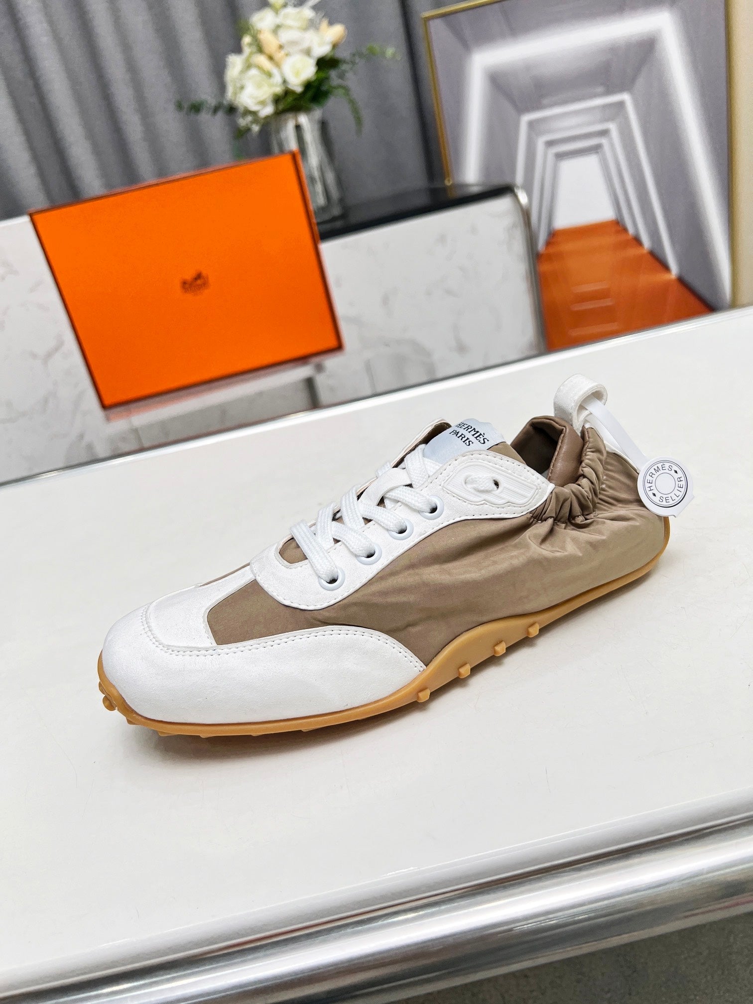 HERMES SKATEBOARD SHOES BROWN MIX WHITE SUEDE