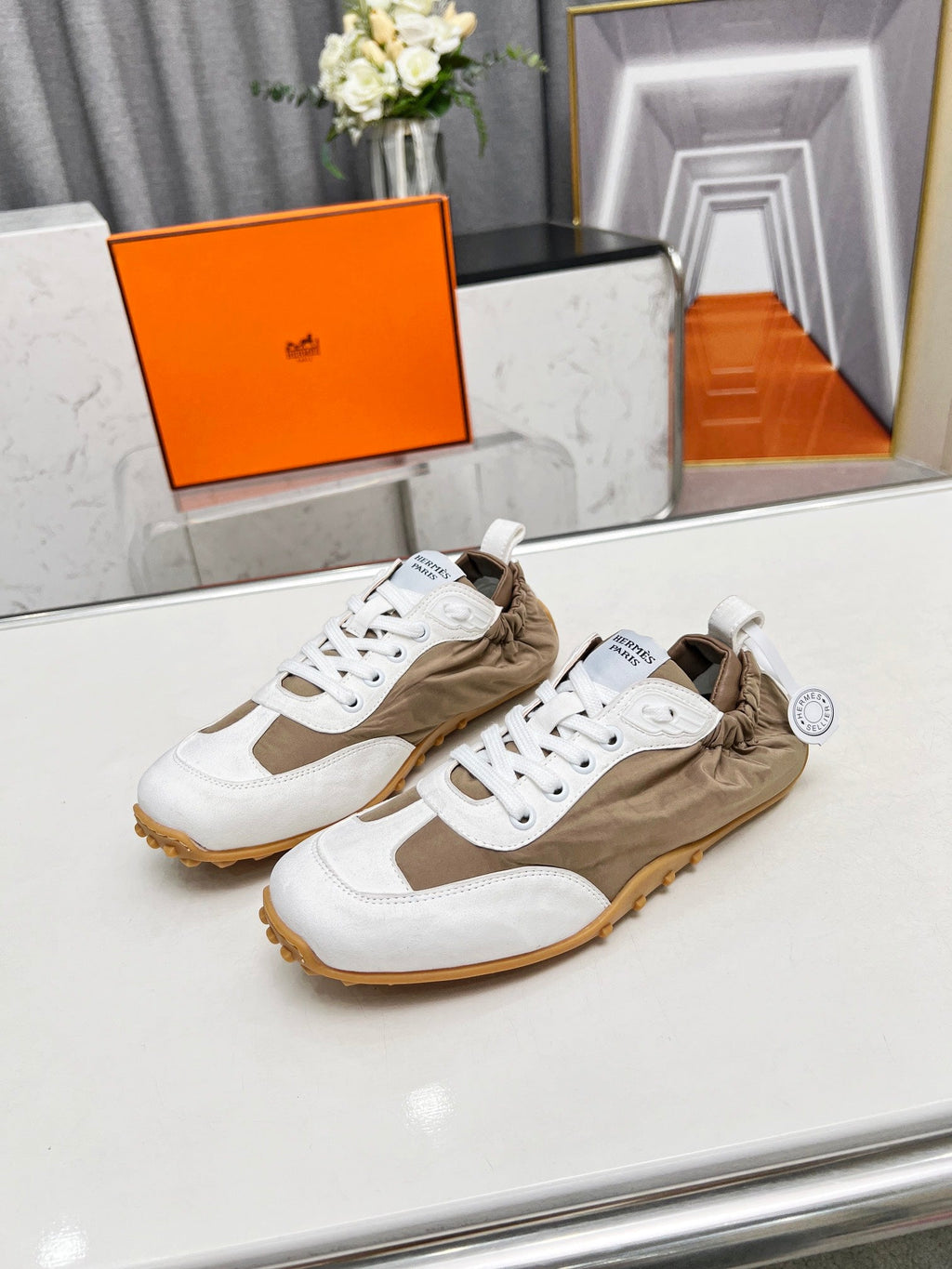 HERMES SKATEBOARD SHOES BROWN MIX WHITE SUEDE