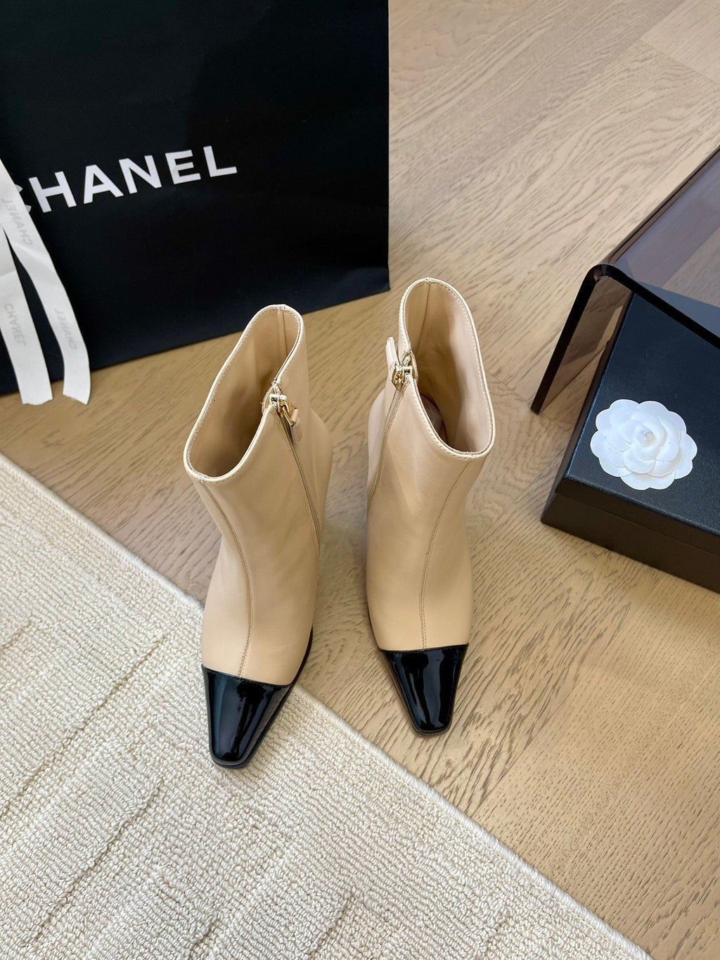 CHANEL BONGADE BOOTS IN BEIGE MIX BLACK CALFSKIN