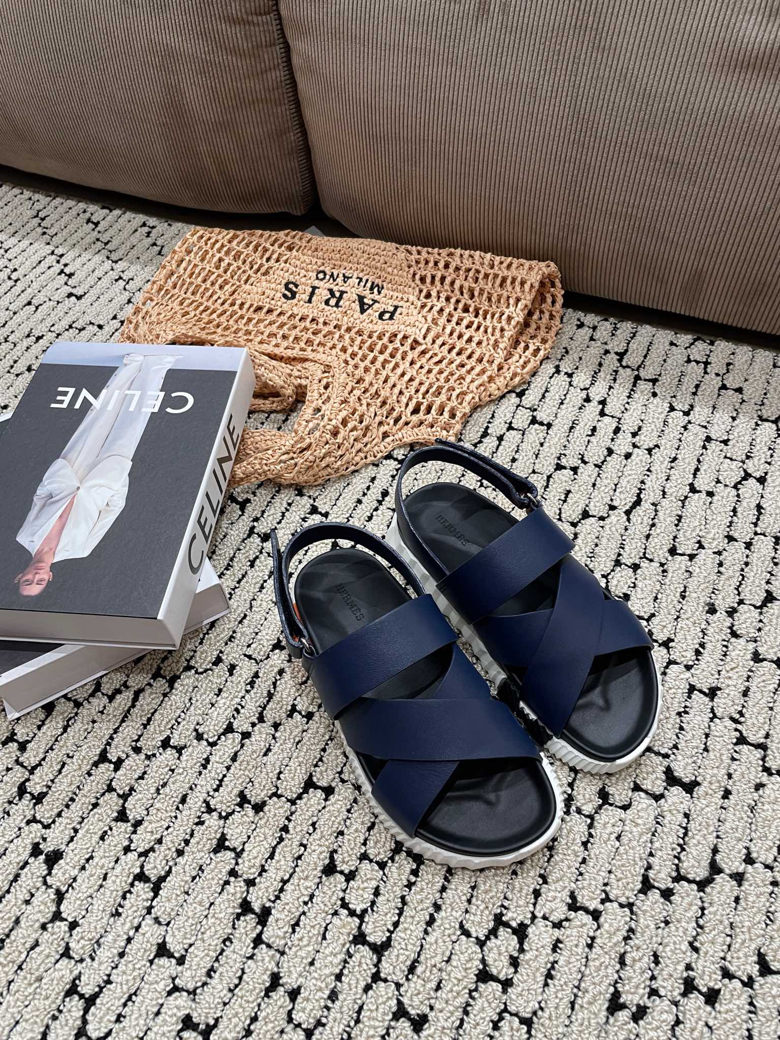 HERMES ELECTRIC SANDAL BLACK MIX NAVY CALFSKIN