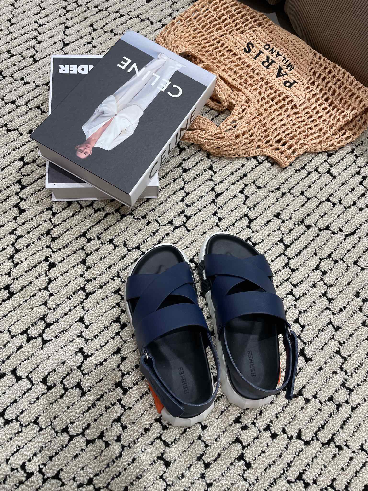 HERMES ELECTRIC SANDAL BLACK MIX NAVY CALFSKIN