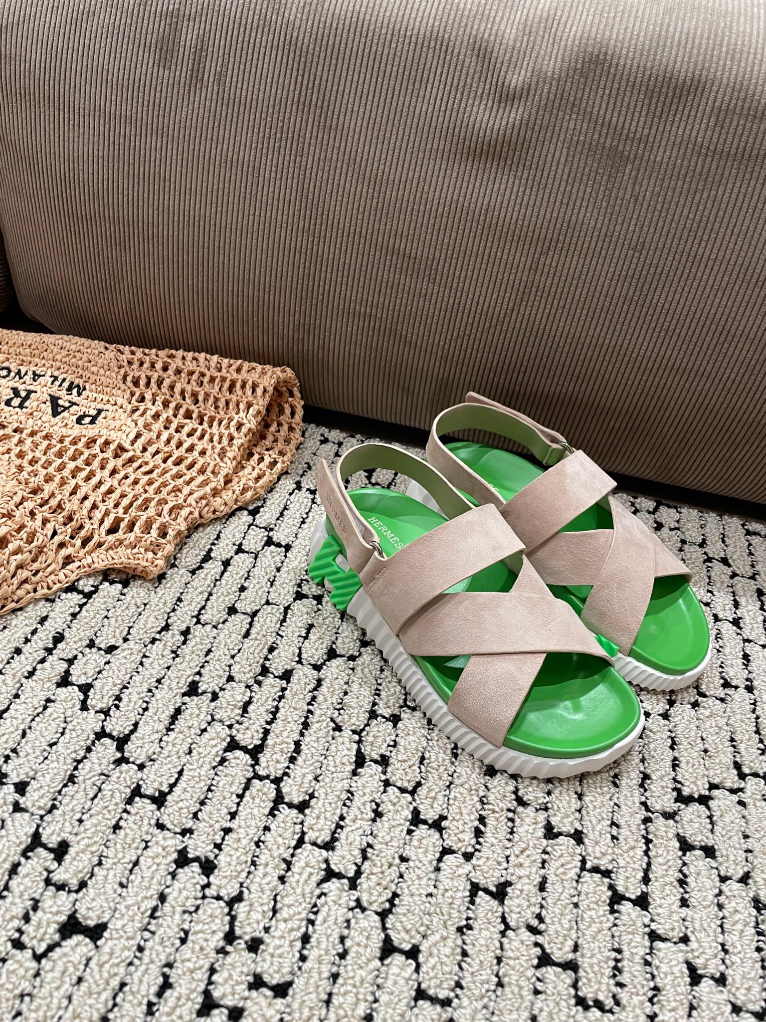 HERMES ELECTRIC SANDAL GREEN MIX LIGHT GRAY SUEDE