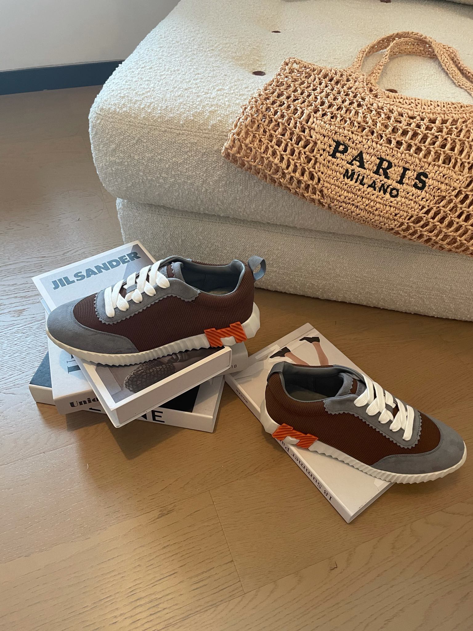 HERMES BOUNCING SNEAKERS GRAY MIX BROWN CALFSKIN