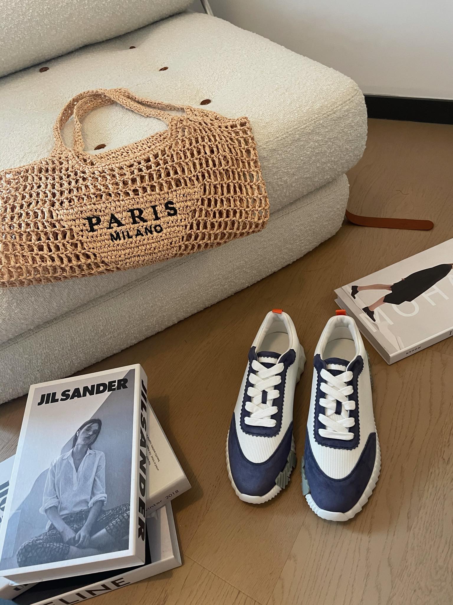 HERMES BOUNCING SNEAKERS LIGHT GRAY MIX NAVY CALFSKIN
