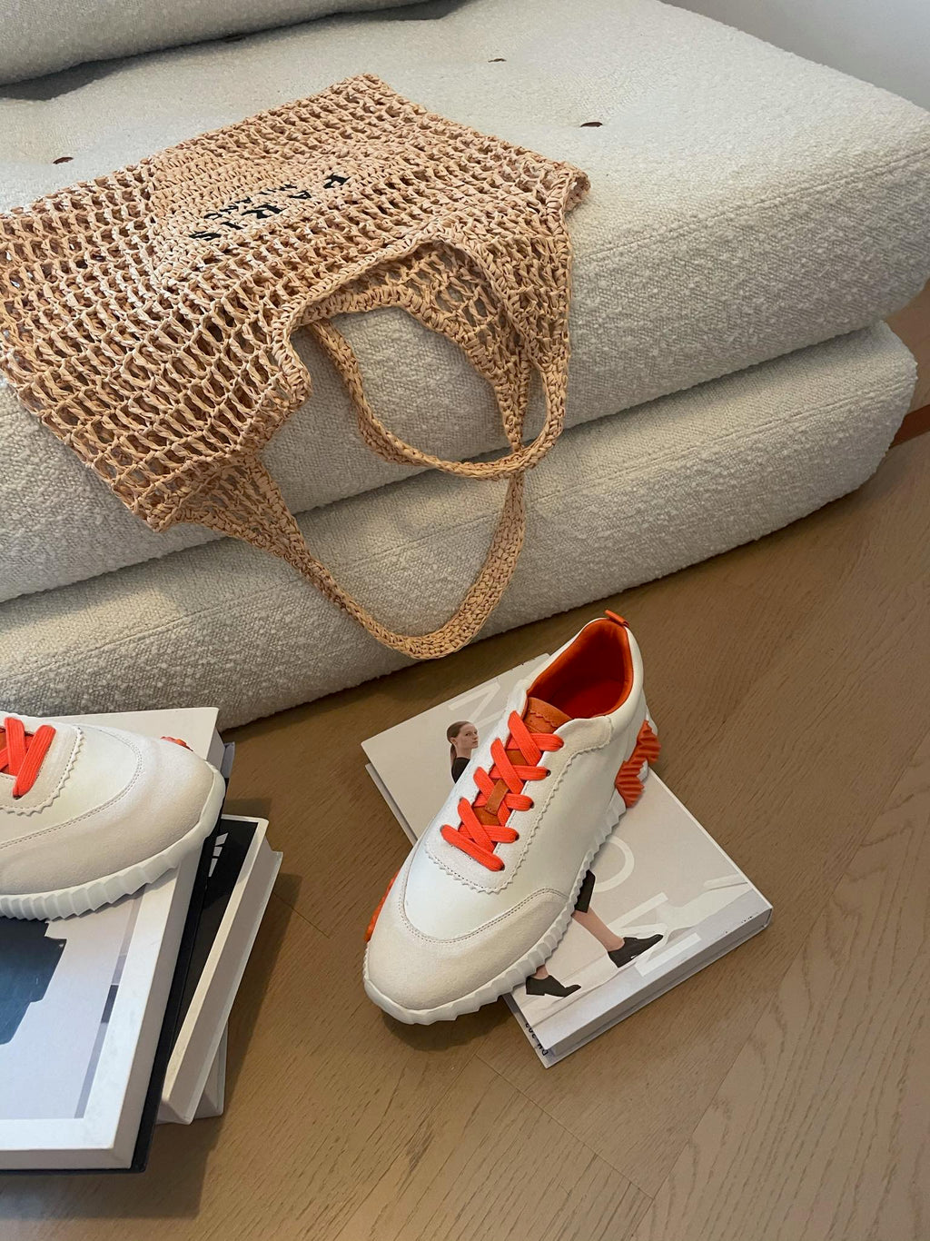 HERMES BOUNCING SNEAKERS WHITE CALFSKIN WITH ORANGE LACES