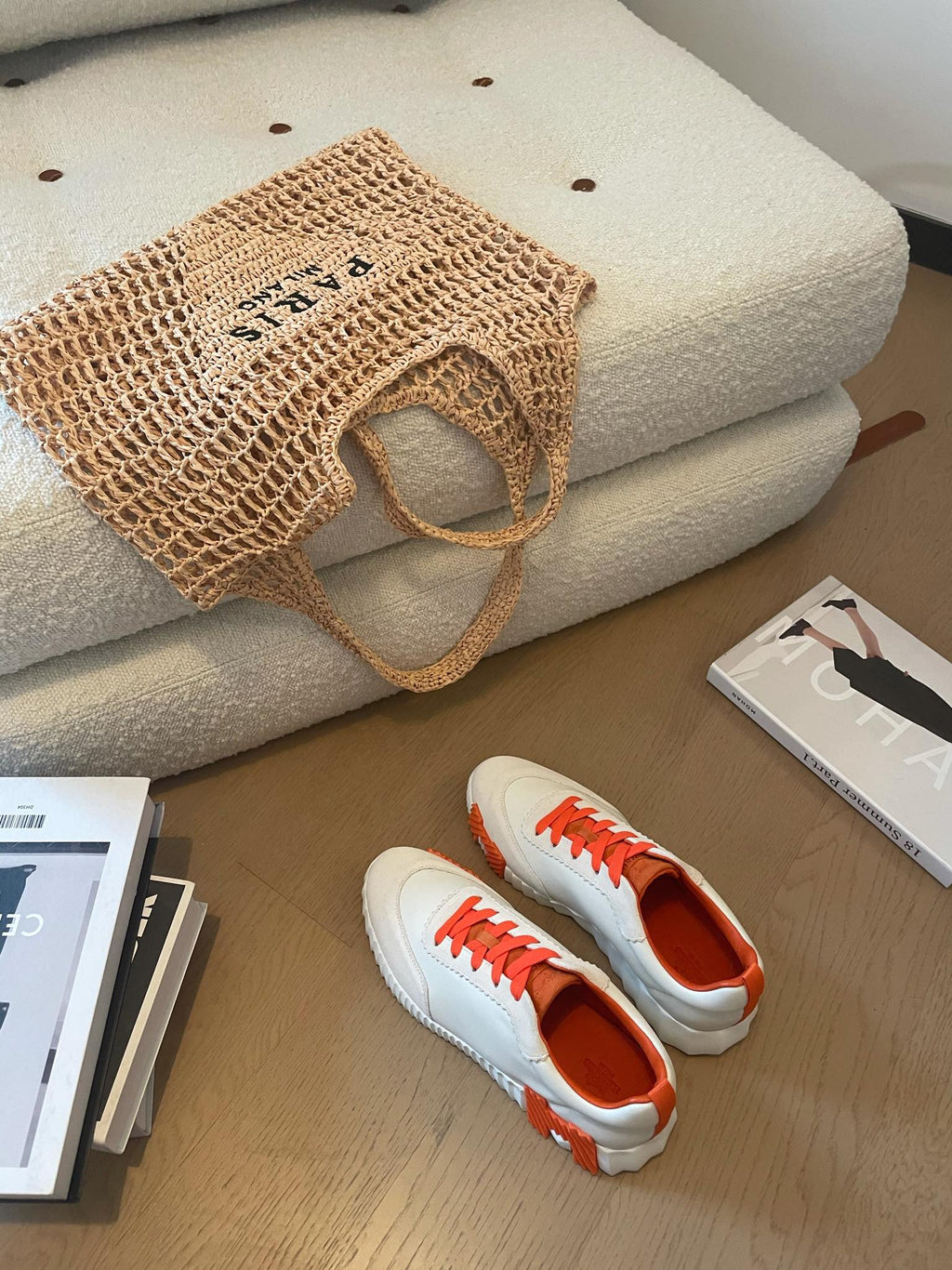 HERMES BOUNCING SNEAKERS WHITE CALFSKIN WITH ORANGE LACES