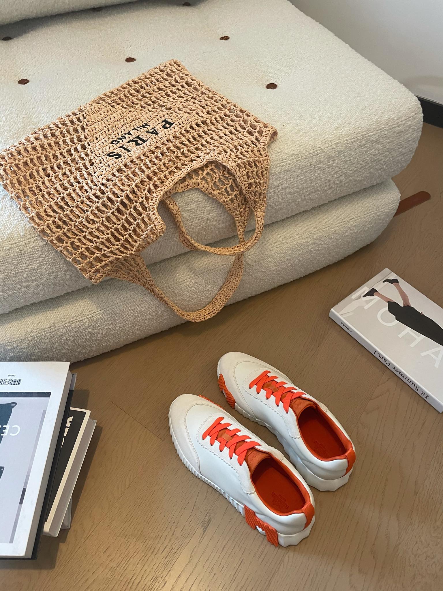 HERMES BOUNCING SNEAKERS WHITE CALFSKIN WITH ORANGE LACES