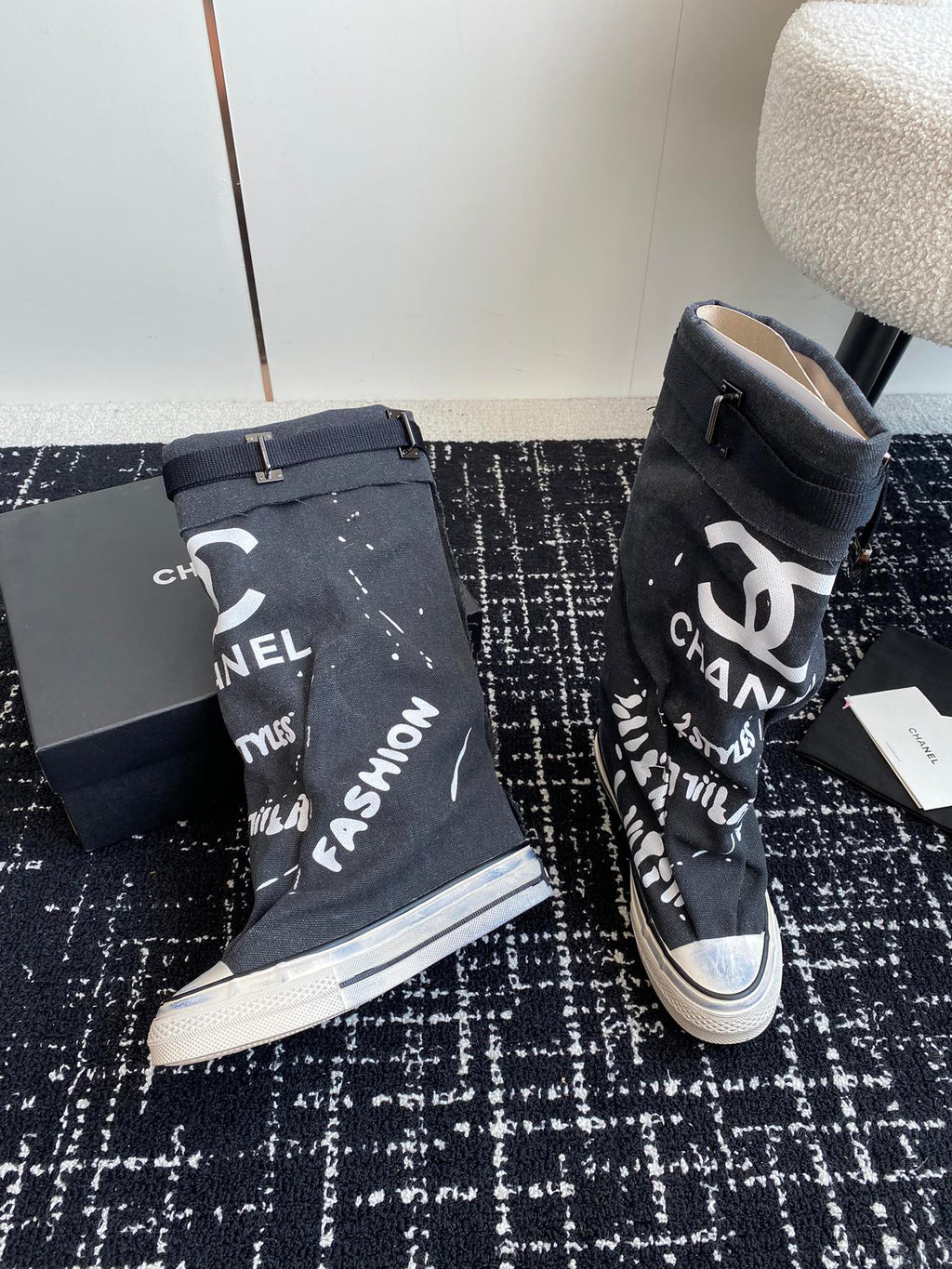 CHANEL HIGH BOOTS IN BLACK CANVAS