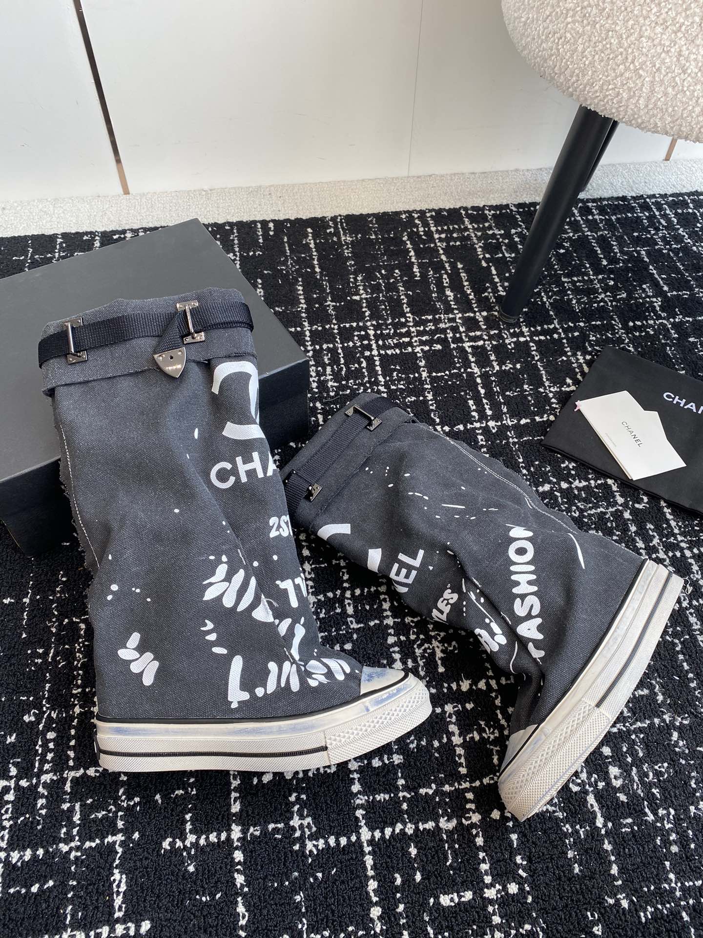 CHANEL HIGH BOOTS IN BLACK CANVAS