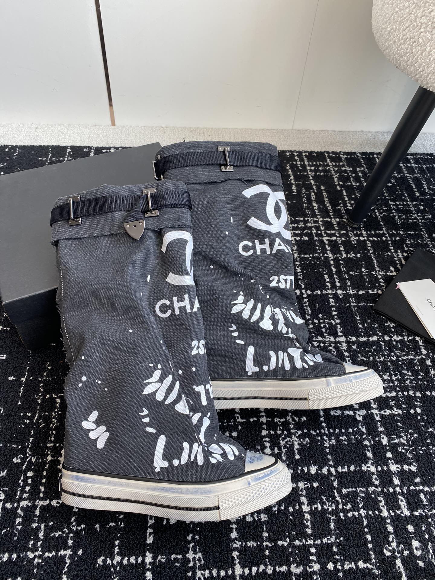 CHANEL HIGH BOOTS IN BLACK CANVAS