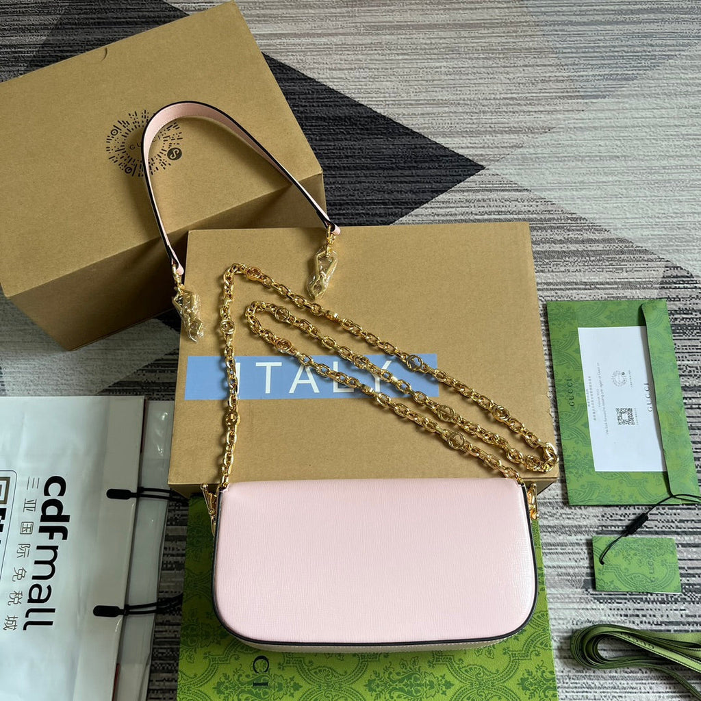 GUCCI DIAMOND HORSEBIT SHOULDER BAG 24 IN LIGHT PINK CALFSKIN GOLD HARDWARE