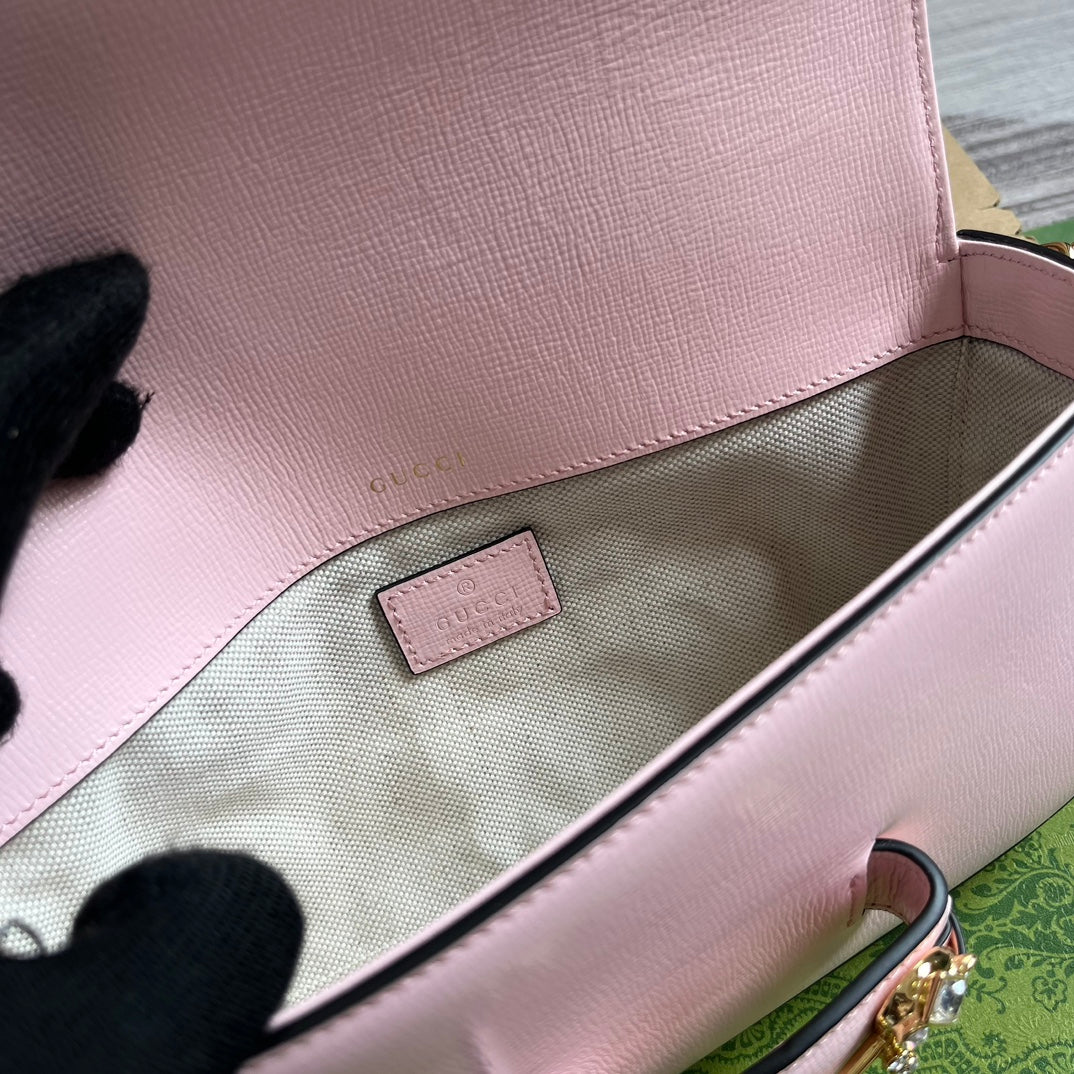 GUCCI DIAMOND HORSEBIT SHOULDER BAG 24 IN LIGHT PINK CALFSKIN GOLD HARDWARE