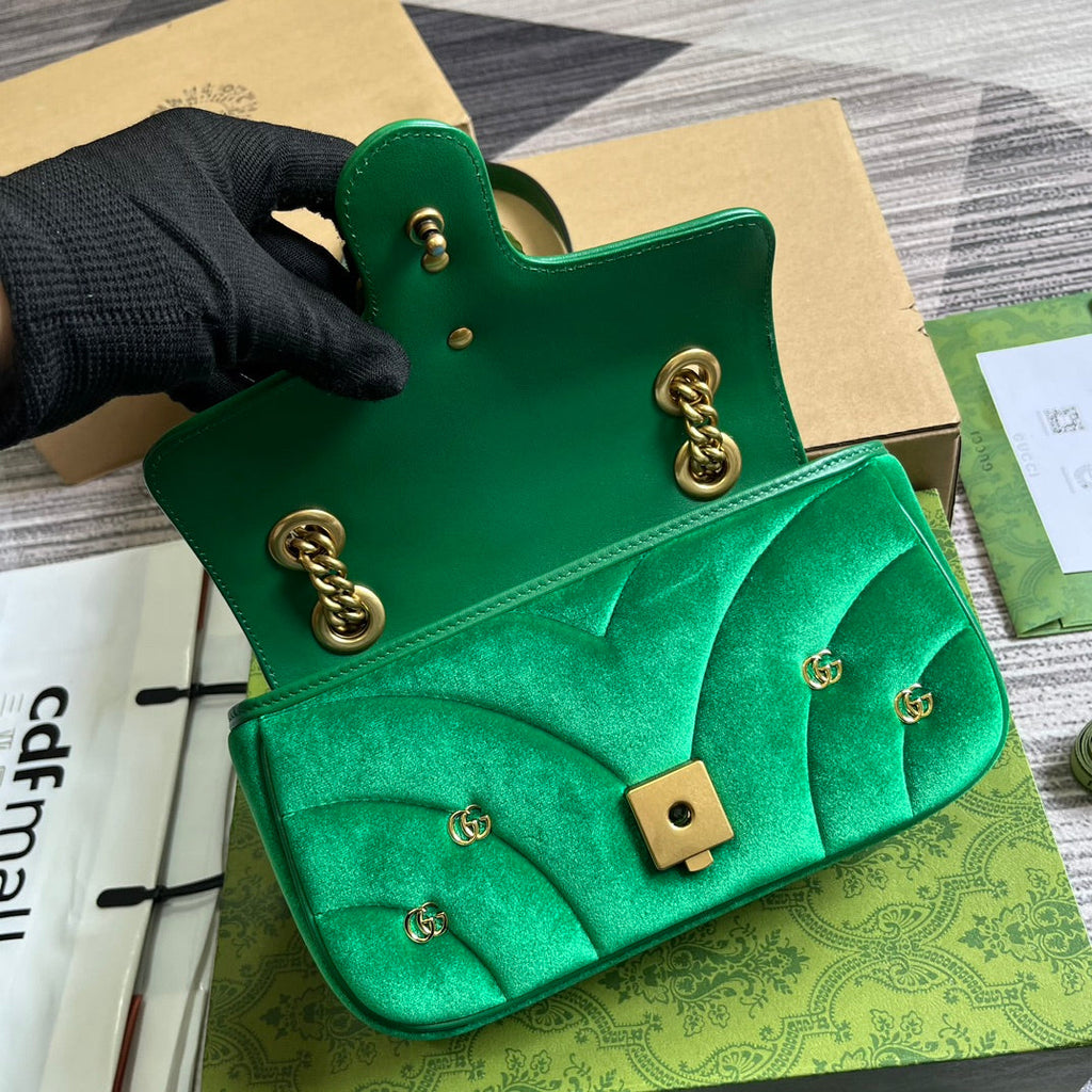 GUCCI MARMONT MINI 22 BAG IN COOL GREEN VELVET
