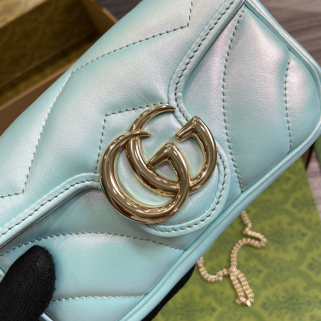 GUCCI MARMONT 16 MINI SHOULDER BAG BLUE IRIDESCENT CALFSKIN