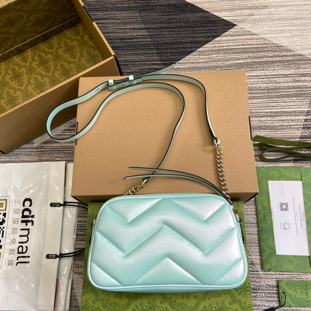 GUCCI MARMONT 24 SMALL MATELASSÉ SHOULDER BAG BLUE IRIDESCENT CALFSKIN