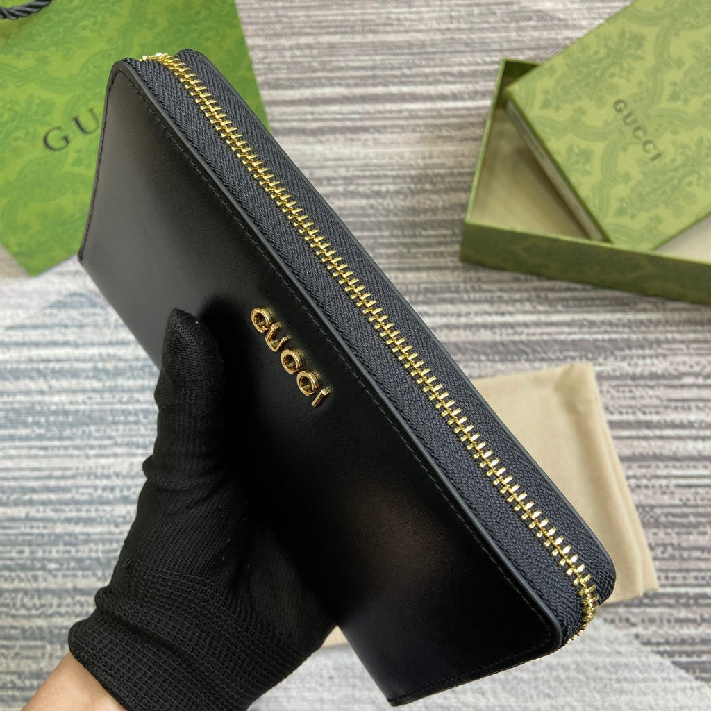 GUCCI ZIP AROUND WALLET 20 IN BLACK CALFSKIN GOLD HARDWARE