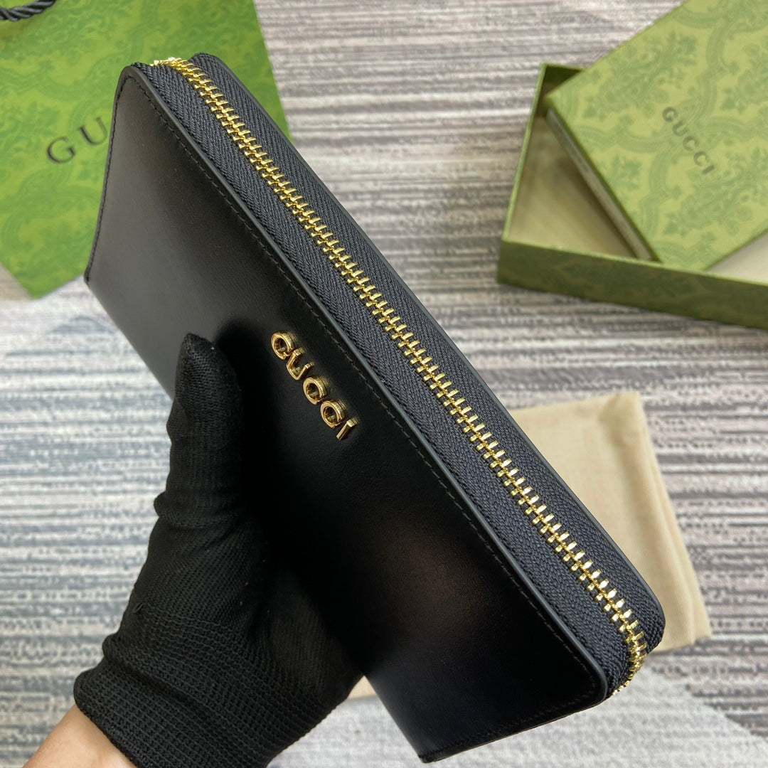 GUCCI ZIP AROUND WALLET 20 IN BLACK CALFSKIN GOLD HARDWARE